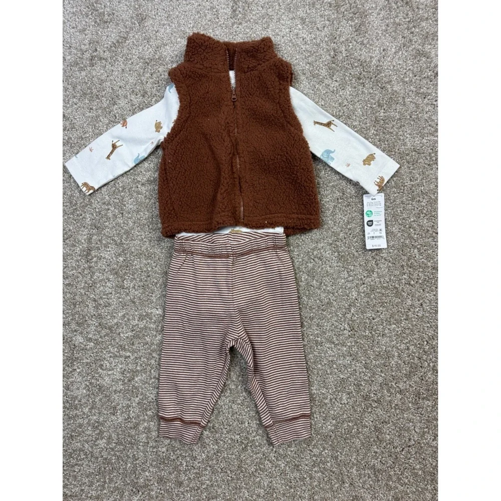 Carters Just One You 6M 3-Piece Set Sherpa Vest Safari Bodysuit Striped Pant